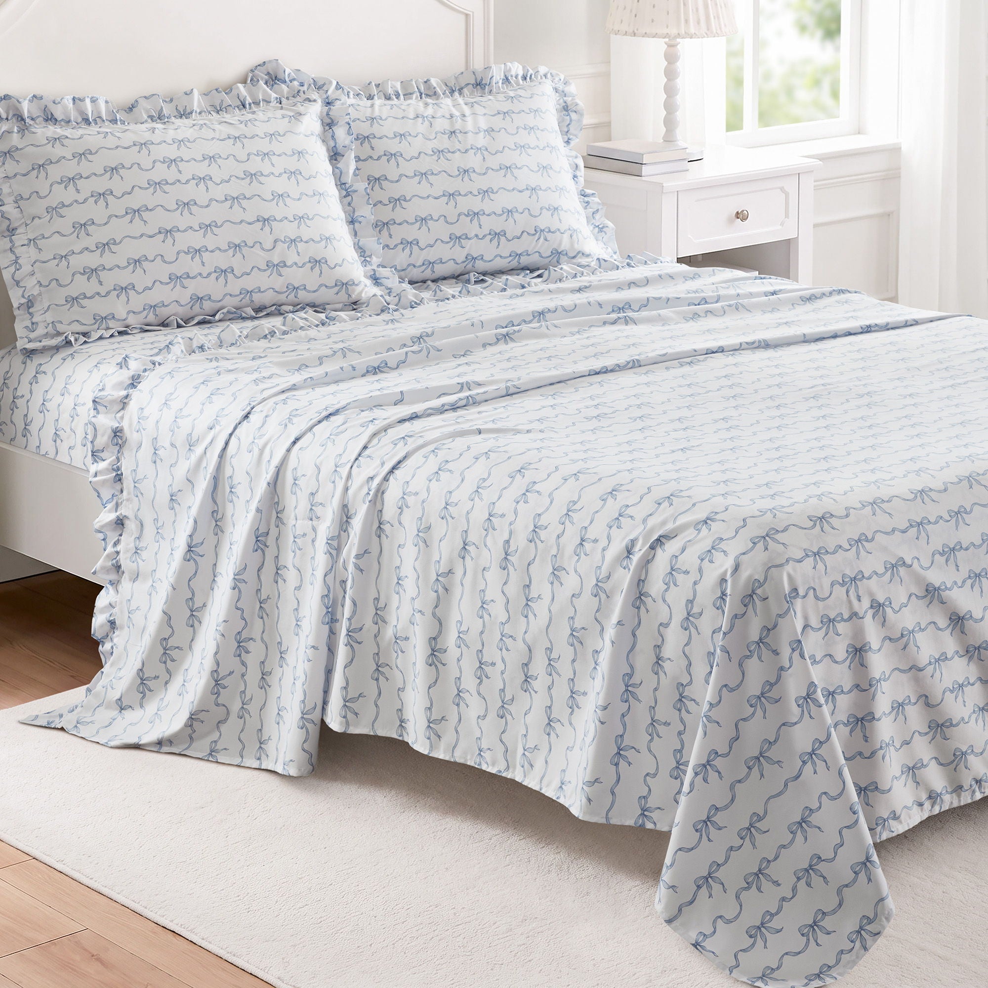Microfiber Ruffle - King Sheets - Blue Bow