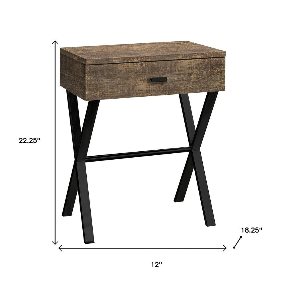 22" Black And Brown Wood And Metal End Table With Drawer