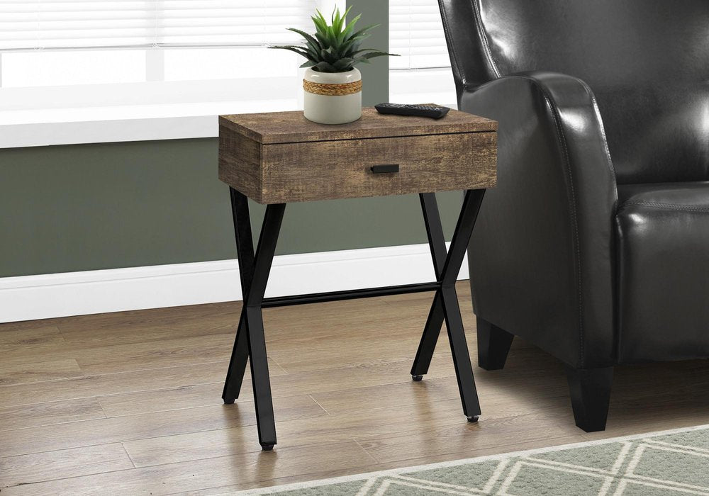 22" Black And Brown Wood And Metal End Table With Drawer