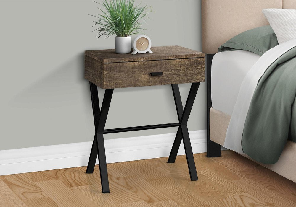 22" Black And Brown Wood And Metal End Table With Drawer