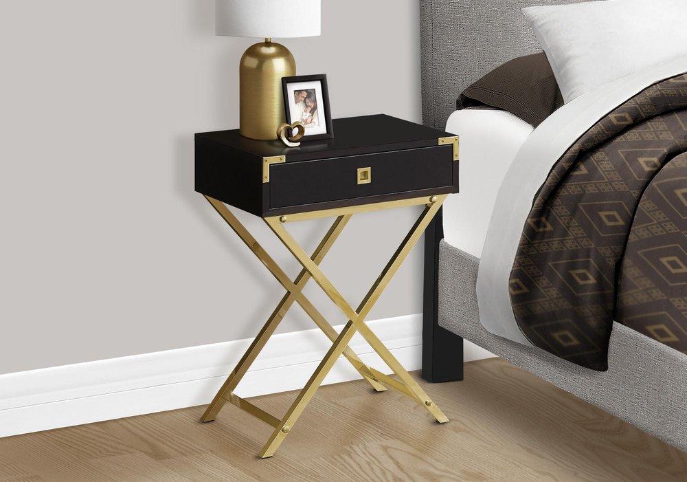 24" Gold And Dark Brown Wood And Metal End Table With Drawer