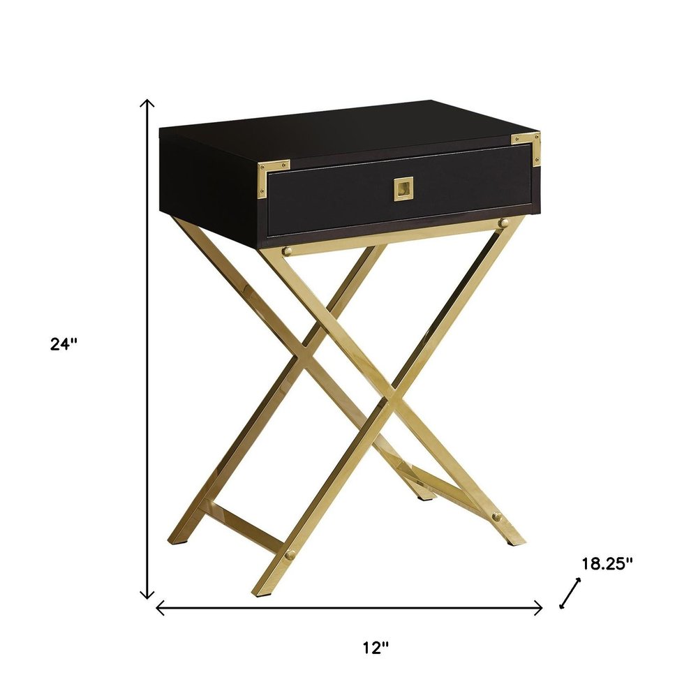 24" Gold And Dark Brown Wood And Metal End Table With Drawer