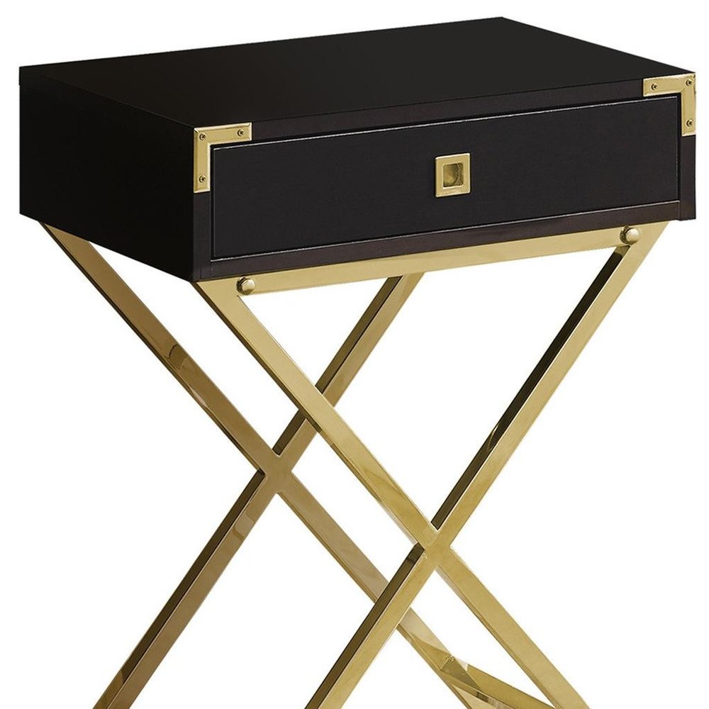 24" Gold And Dark Brown Wood And Metal End Table With Drawer