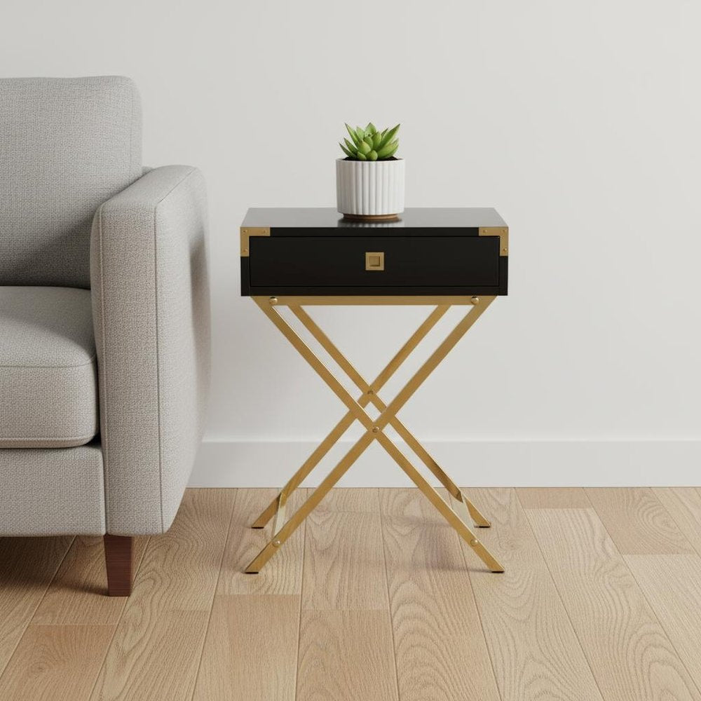 24" Gold And Dark Brown Wood And Metal End Table With Drawer
