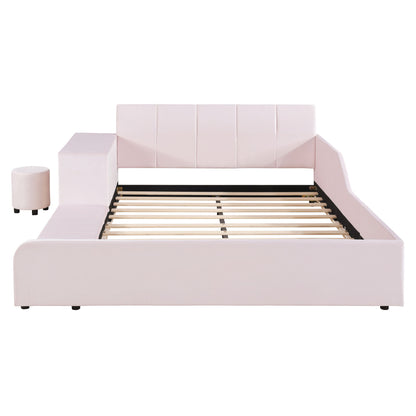 Upholstered Grounded Bed, With Bedside Desk And Little Round Stool