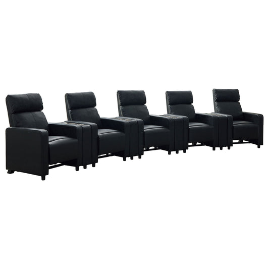 Warren - 5 Seater Home Theater With 4 Wedge Consoles Recliners And Storage Consoles - Black