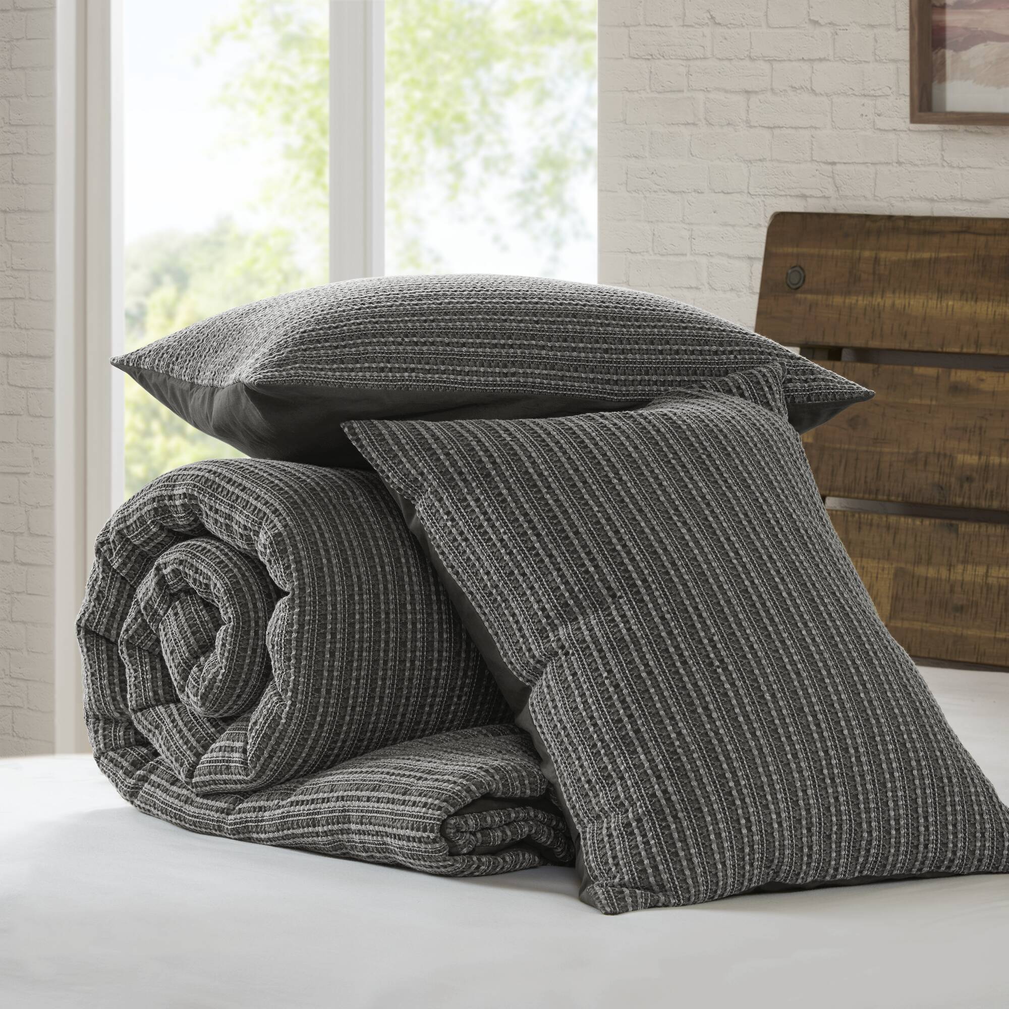 Lyon - 3 Piece Full/Queen Waffle Washed Comforter Set - Charcoal