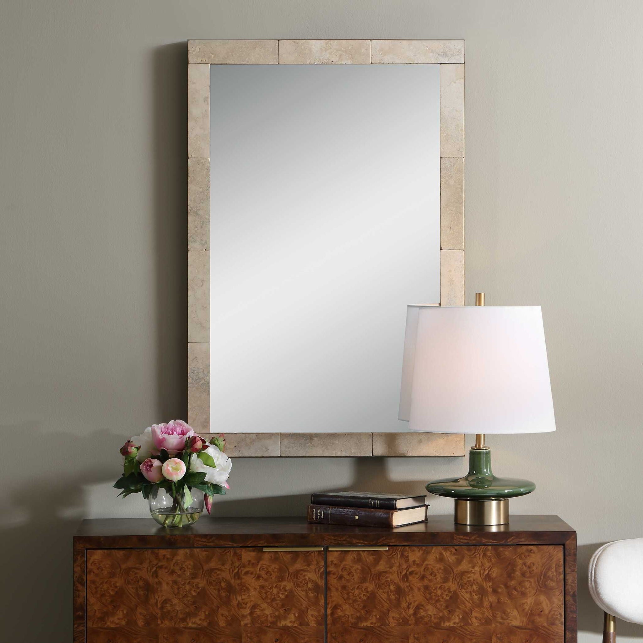 Pave - Rectangular Travertine Mirror - White