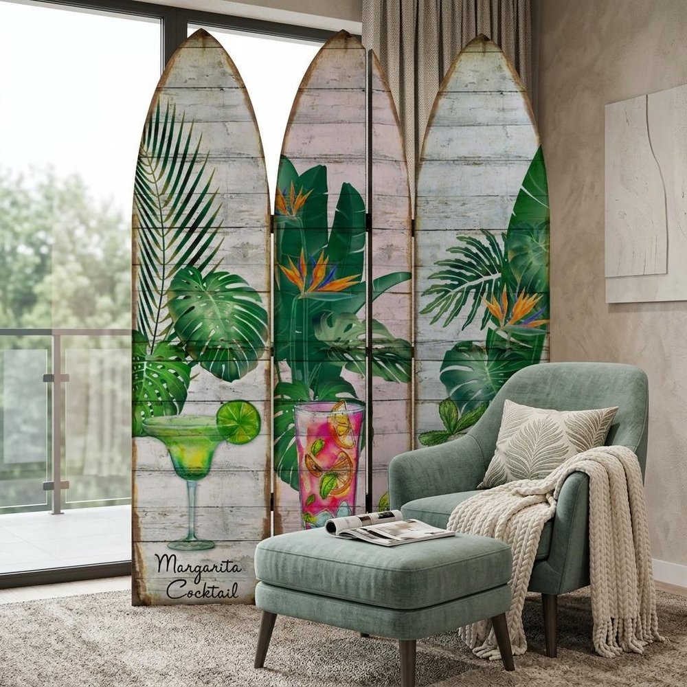71" Green Solid Wood Folding Three Panel Screen Room Divider