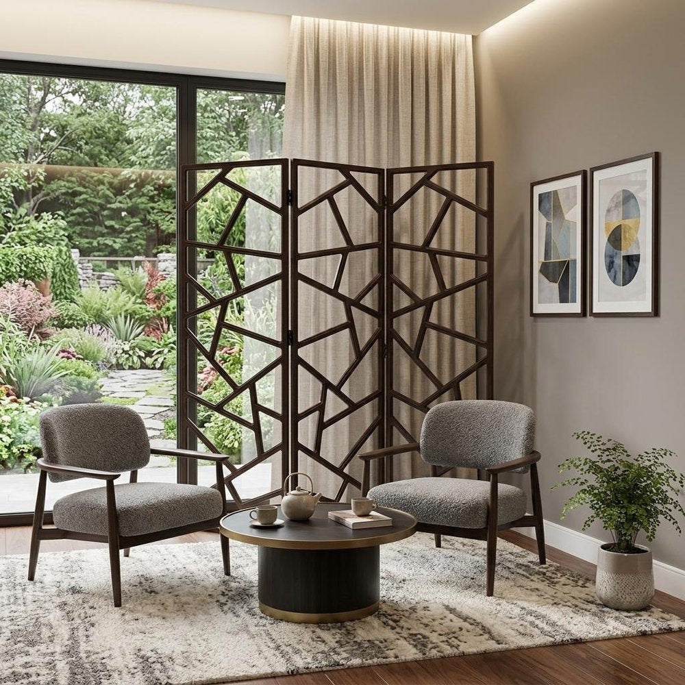 70" Brown Solid Wood Folding Three Panel Screen Room Divider