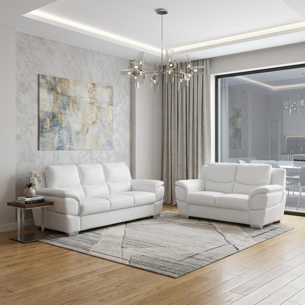 Two Piece Indoor White Genuine Leather Five Person Seating Set