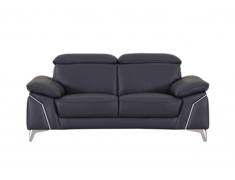 Two Piece Indoor Blue Italian Leather Five Person Seating Set
