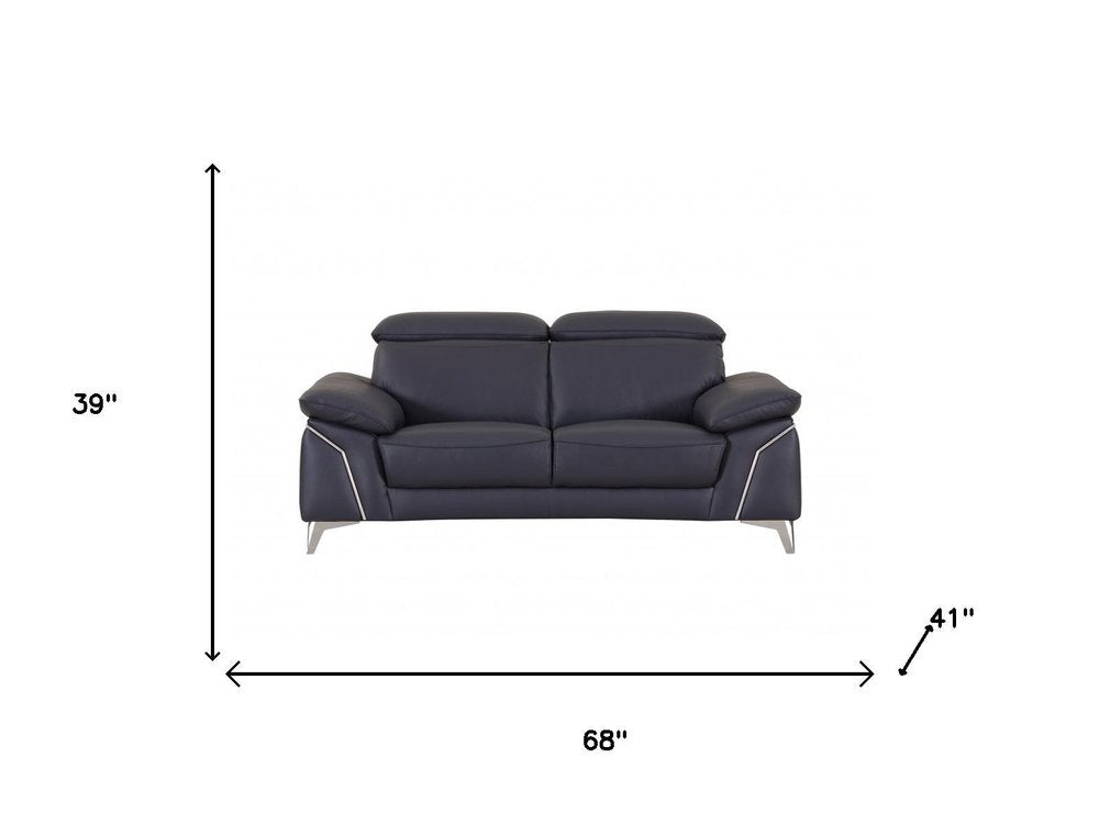 Two Piece Indoor Blue Italian Leather Five Person Seating Set