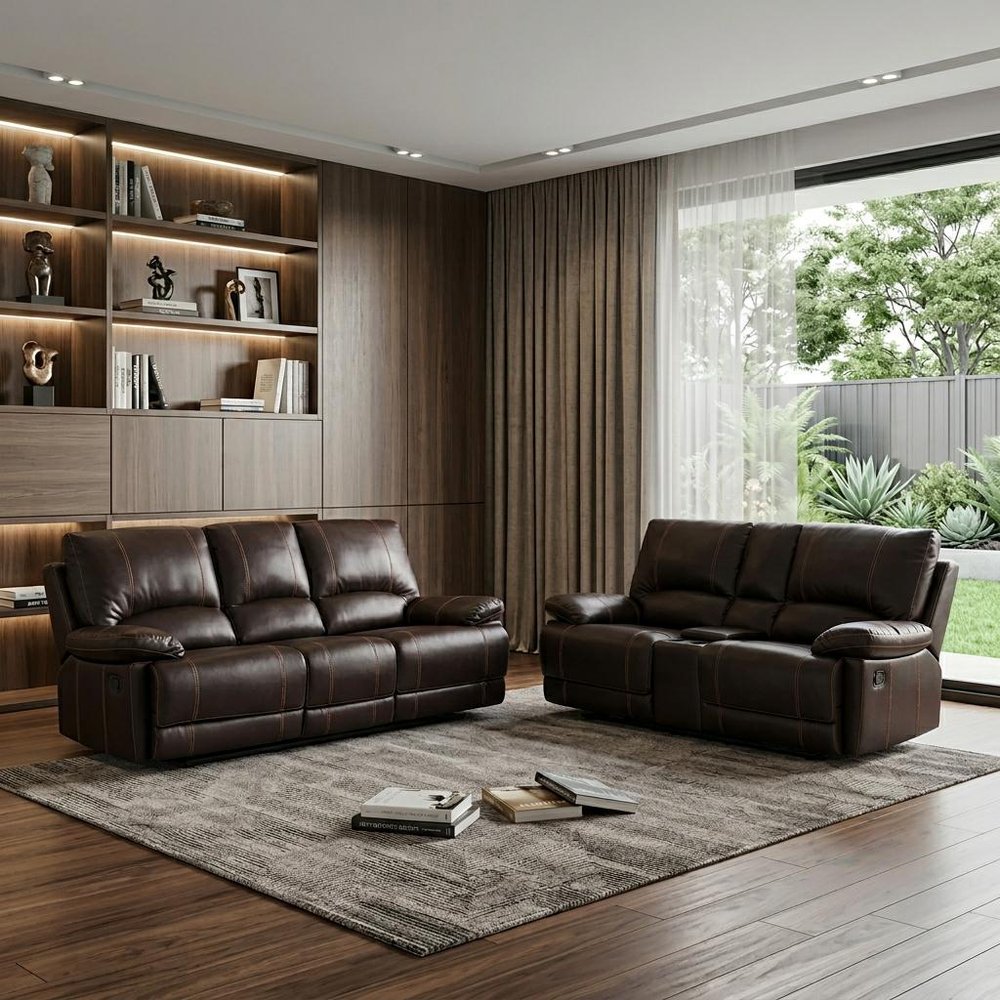 Two Piece Indoor Brown Faux Leather Five Person Seating Set