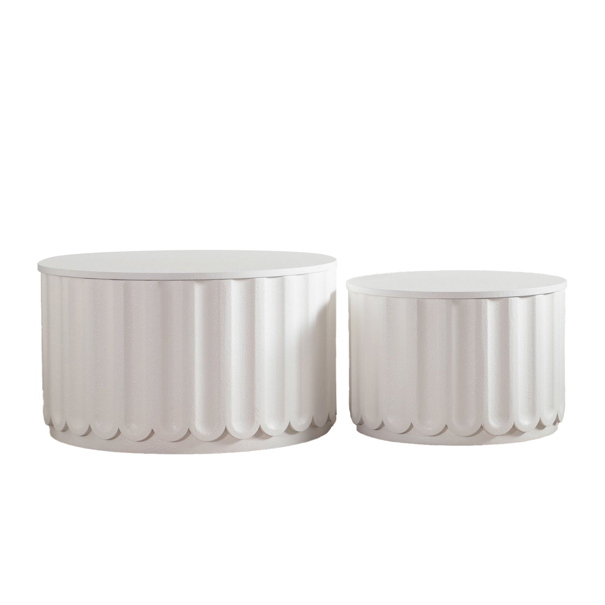 Round Storage Table Set With Lift Off Lid, Nesting Design, Elegant Curved Edge Shape For Living Room - Cream White