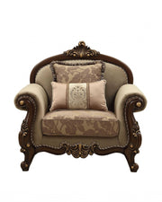 38" Beige Velvet and Wood Floral Arm Chair And Toss Pillows