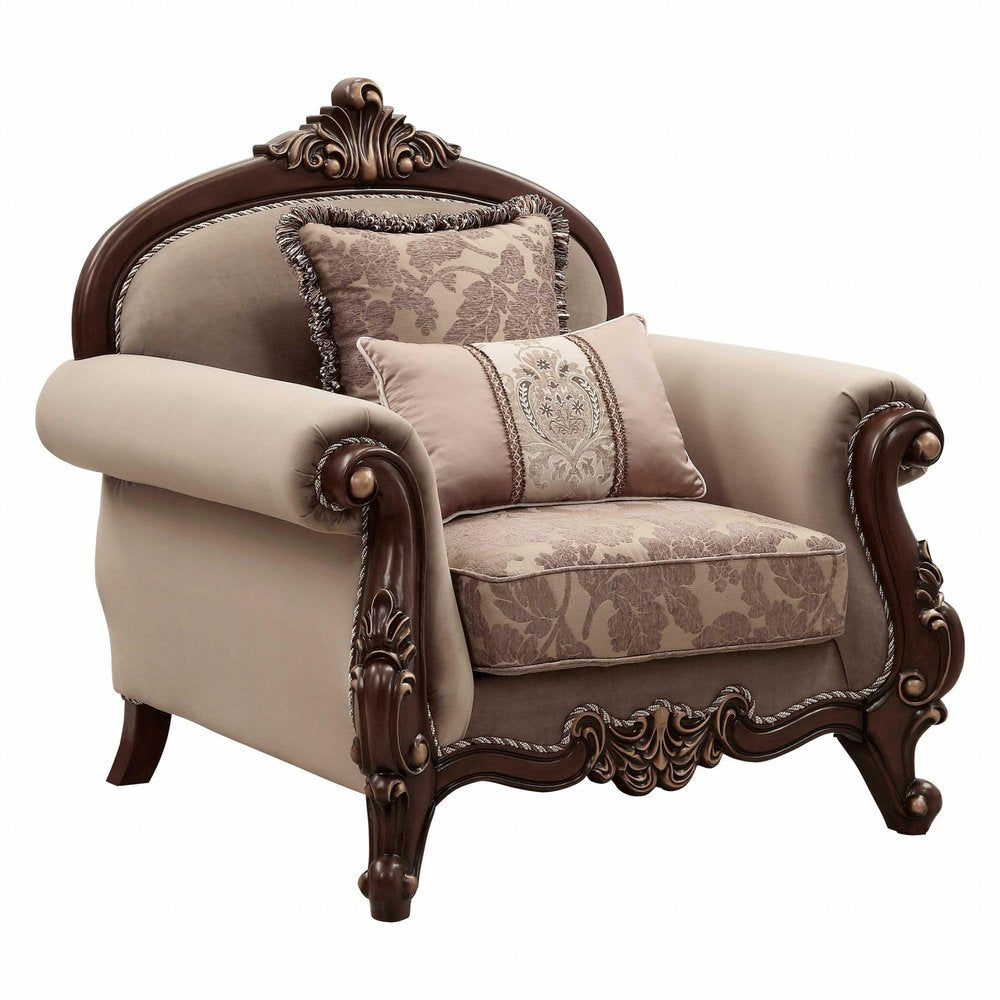 38" Beige Velvet and Wood Floral Arm Chair And Toss Pillows