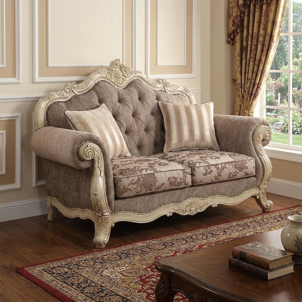 69" Brown And Platinum Damask Chesterfield Loveseat