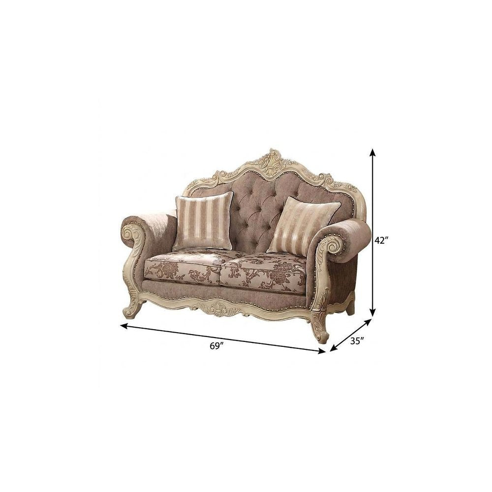 69" Brown And Platinum Damask Chesterfield Loveseat