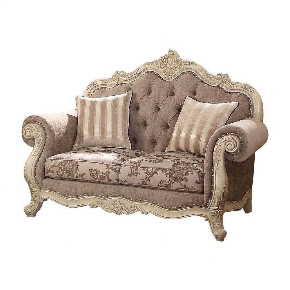 69" Brown And Platinum Damask Chesterfield Loveseat