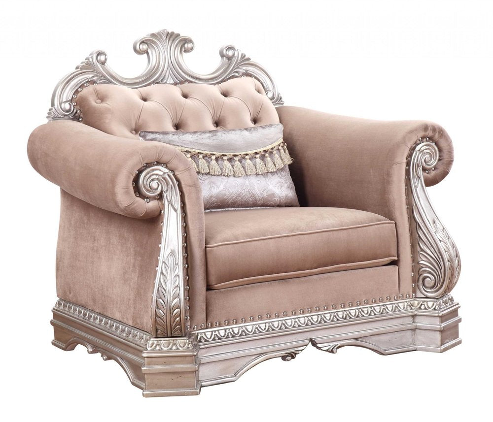 42" Cherry Blossom Pink Tufted Velvet and Wood Arm Chair And Toss Pillow