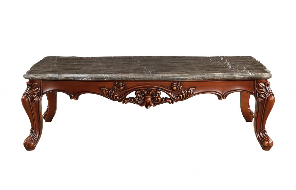 36" Gray and Brown Genuine Marble And Solid Wood Coffee Table