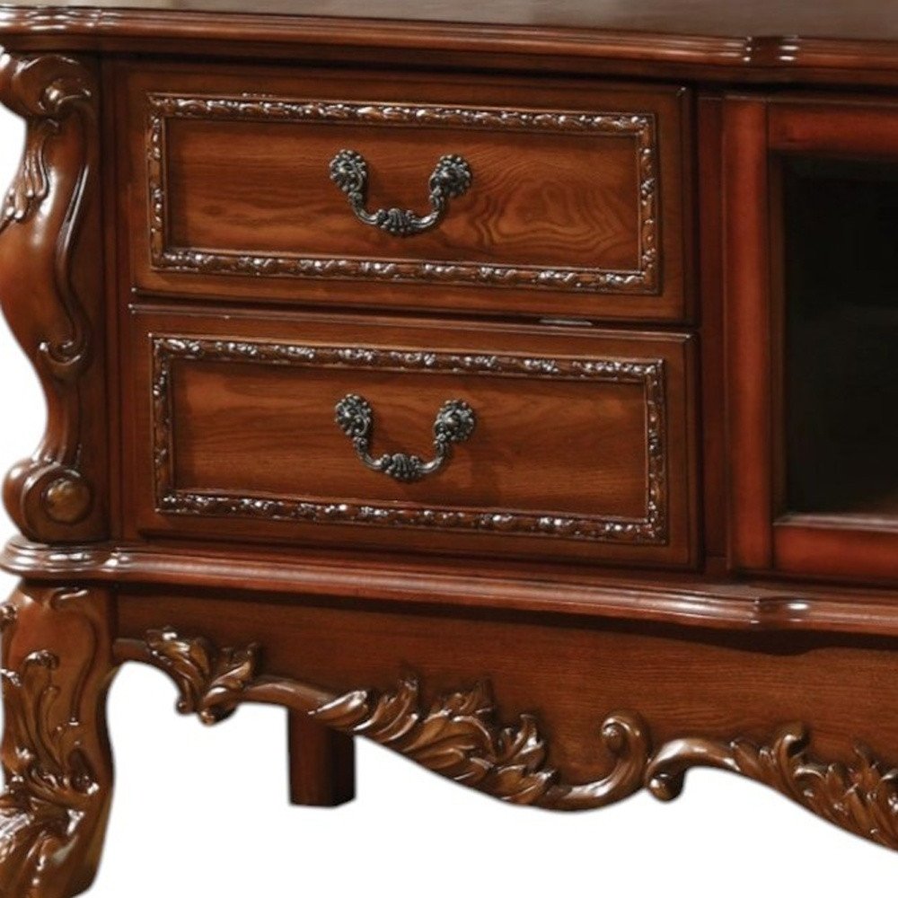 74" Off White Carved Scrollwork Glass And Solid and Manufactured Wood Enclosed and Open Storage Entertainment Center
