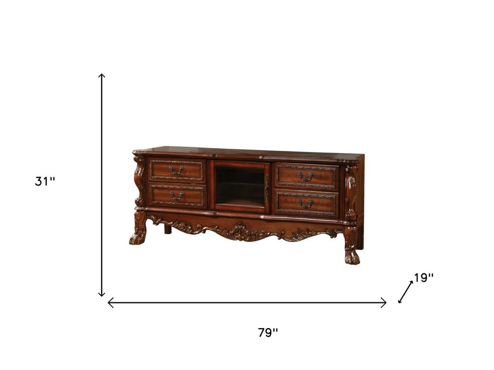 74" Off White Carved Scrollwork Glass And Solid and Manufactured Wood Enclosed and Open Storage Entertainment Center