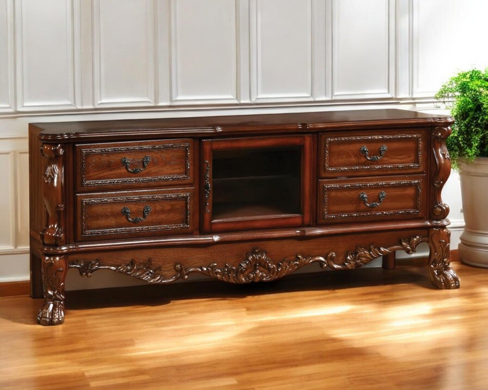 74" Off White Carved Scrollwork Glass And Solid and Manufactured Wood Enclosed and Open Storage Entertainment Center