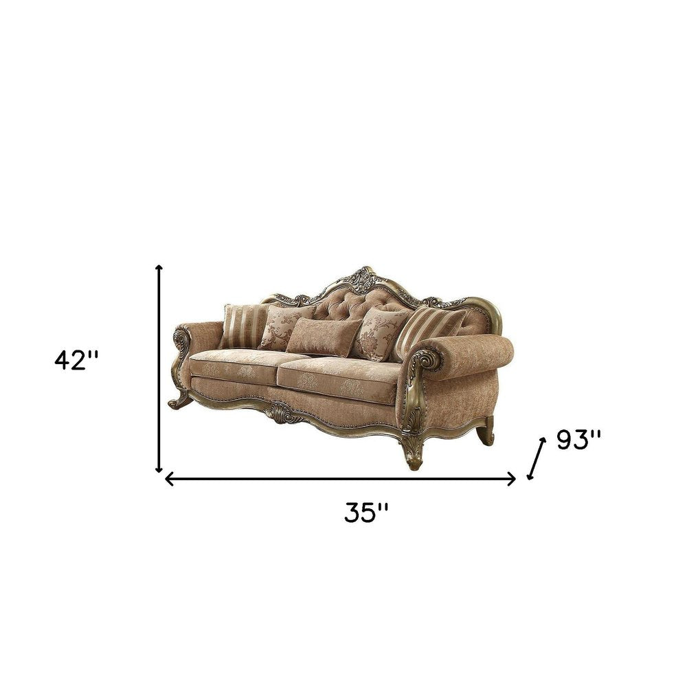 35" Brown Velvet Floral Sofa And Toss Pillows