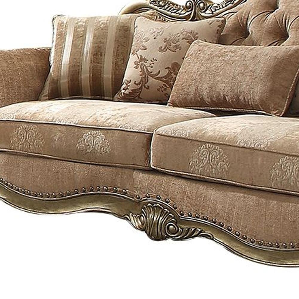 35" Brown Velvet Floral Sofa And Toss Pillows