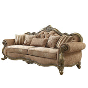 35" Brown Velvet Floral Sofa And Toss Pillows