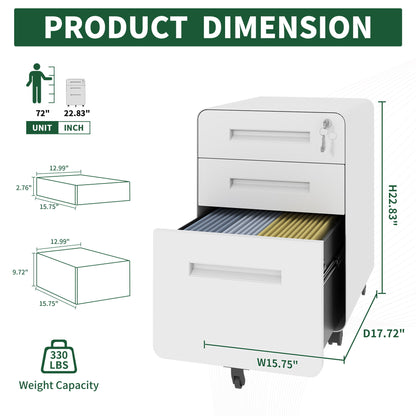 3-Drawer Mobile File Cabinet With Lock, On Casters, Holds A4/Letter Files