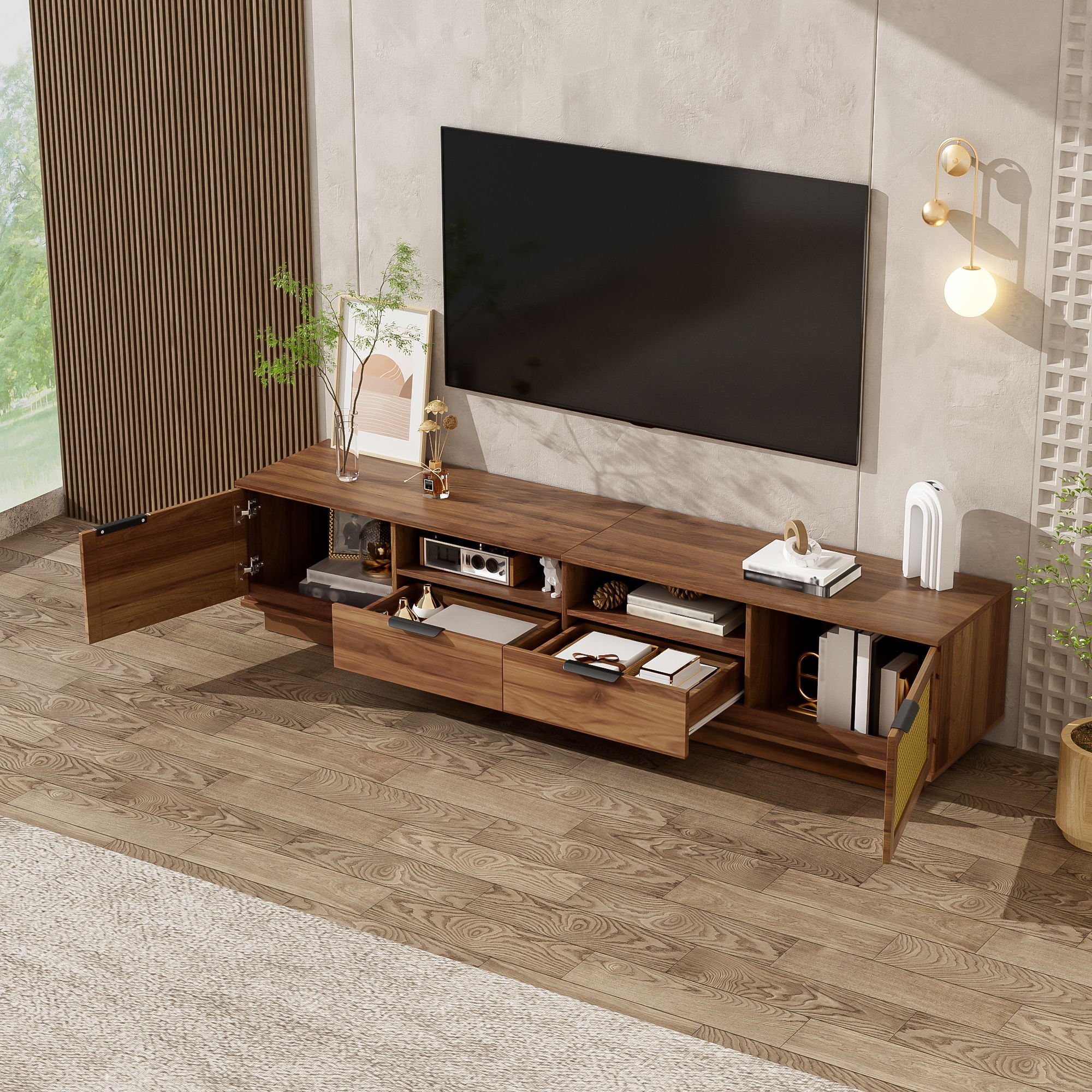 TV Stand With 2 Drawers And Open Shelving - Walnut
