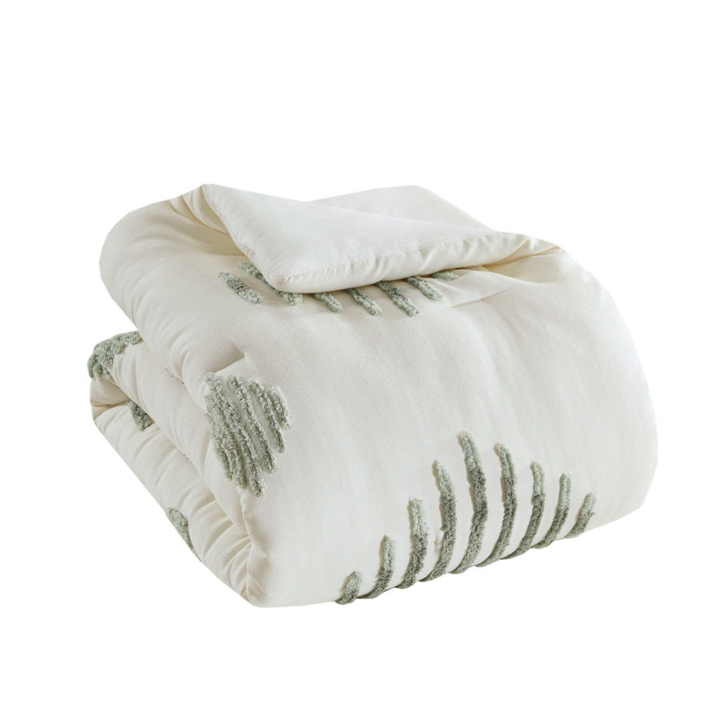 Tahli - 3 Piece Cotton Blend Chenille Comforter Set - Green / Ivory