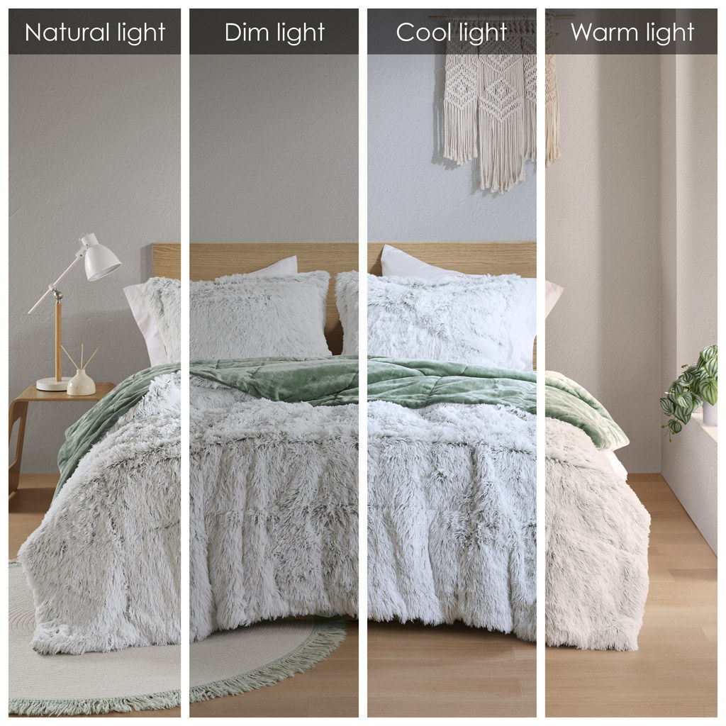 Malea - 3 Piece King/California King Shaggy Comforter Mini Set - Green/White