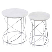 Set of Two White and Silver Marble and Metal Round Pedestal End Tables