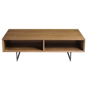 47" Brown and Black Wood And Metal Sled Coffee Table With Two Shelves