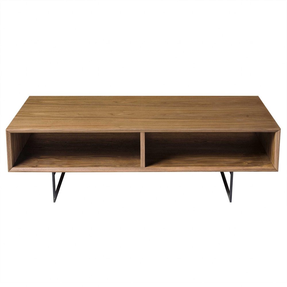 47" Brown and Black Wood And Metal Sled Coffee Table With Two Shelves