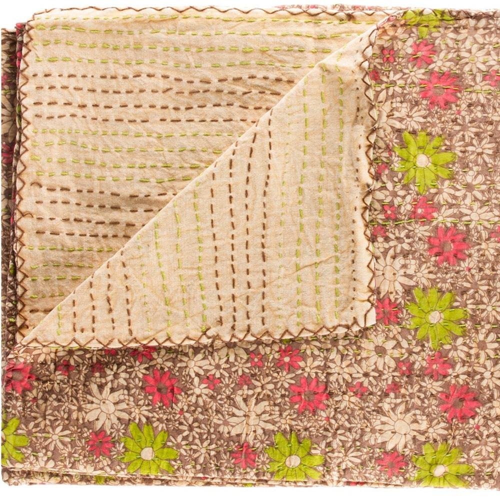 50" X 70" Orange Blue and Yellow Cotton Kantha Patchwork with Embroidery
