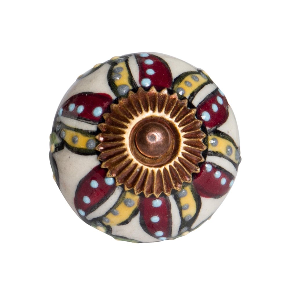 Set of Eight Red And Yellow Botanical Ceramic Drawer Pull Knobs
