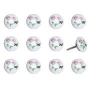 Set of Twelve Pink White And Green Floral Ceramic Drawer Pull Knobs