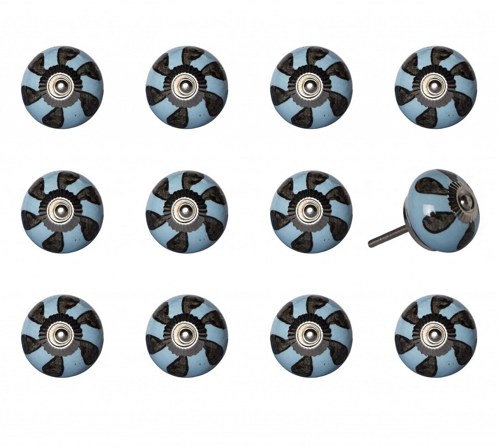 Set of Twelve Blue And Black Geometric Ceramic Drawer Pull Knobs