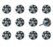 Set of Twelve Blue And Black Geometric Ceramic Drawer Pull Knobs