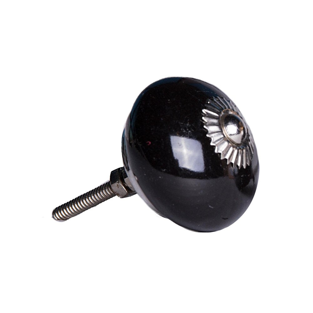 Set of Eight Black And Silver Ceramic Drawer Pull Knobs