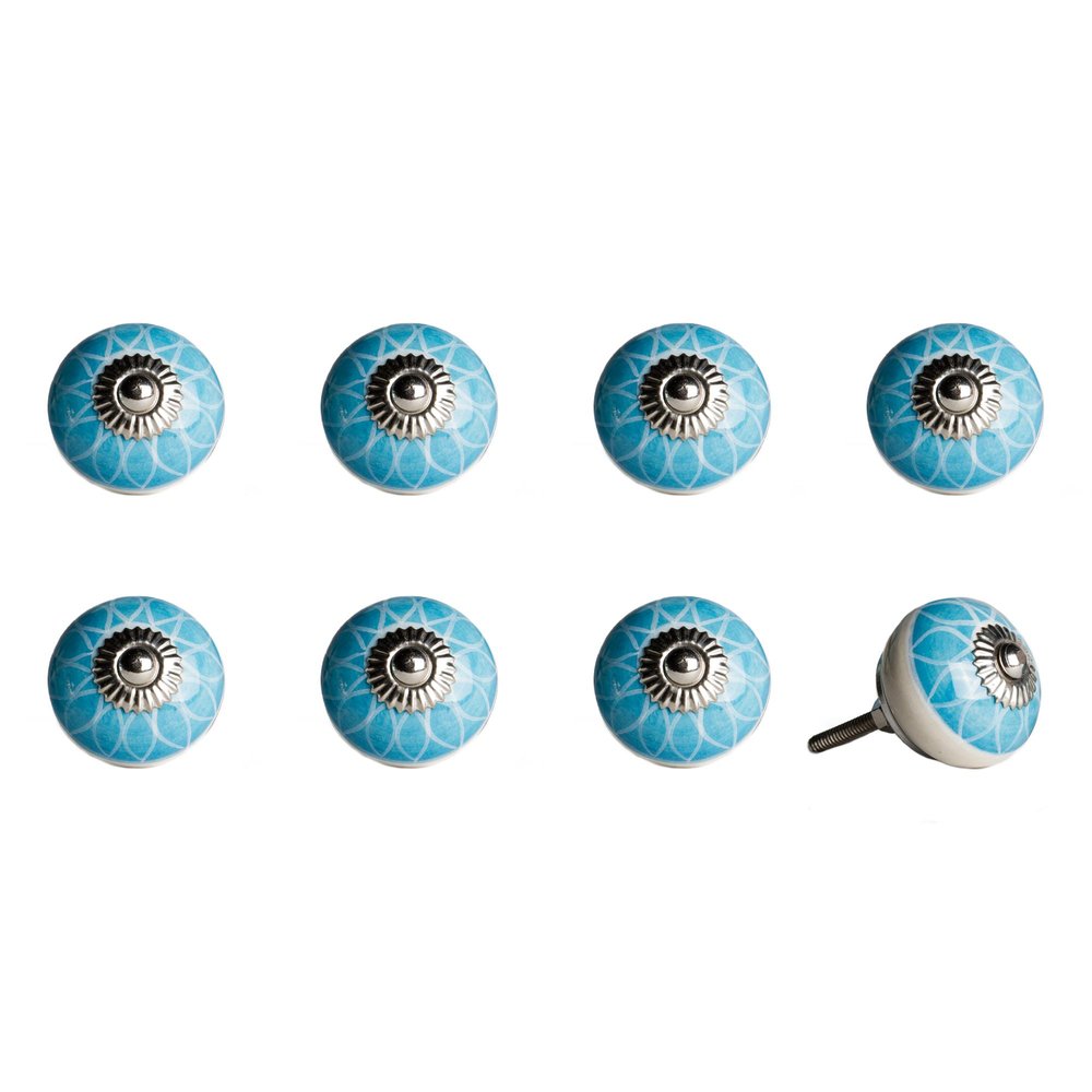 Set of Eight Aqua And White Floral Ceramic Drawer Pull Knobs