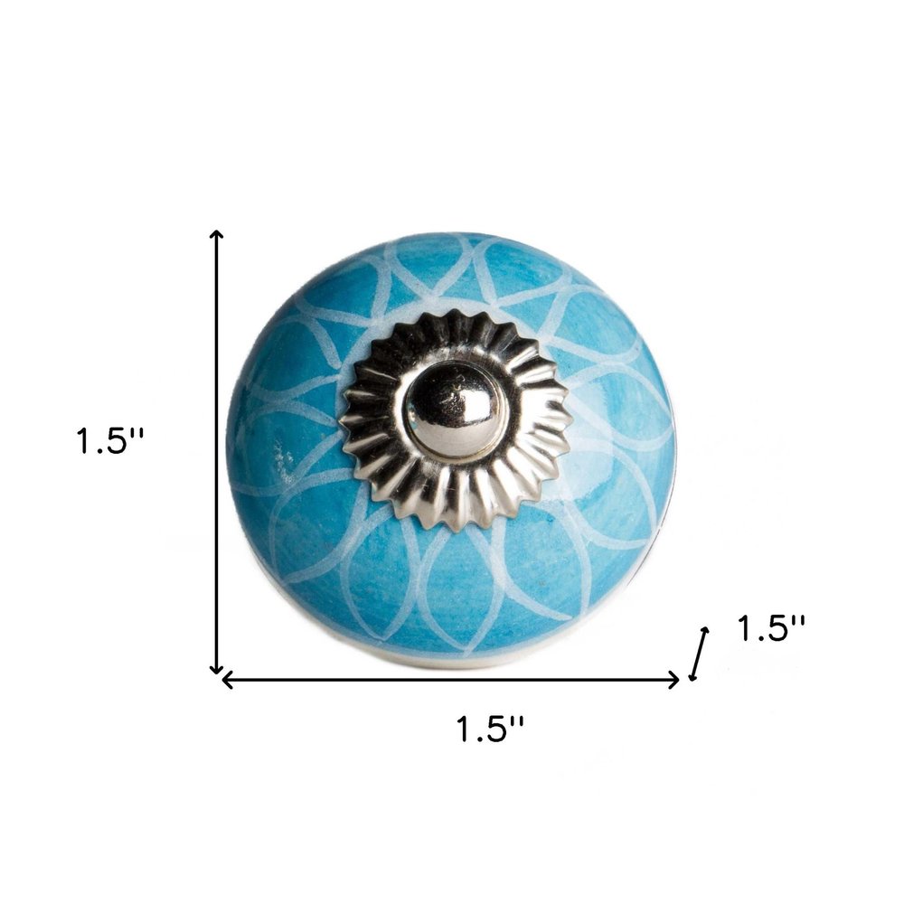 Set of Eight Aqua And White Floral Ceramic Drawer Pull Knobs