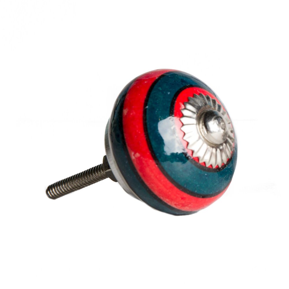Set of Eight Navy Blue And Red Geometric Ceramic Drawer Pull Knobs
