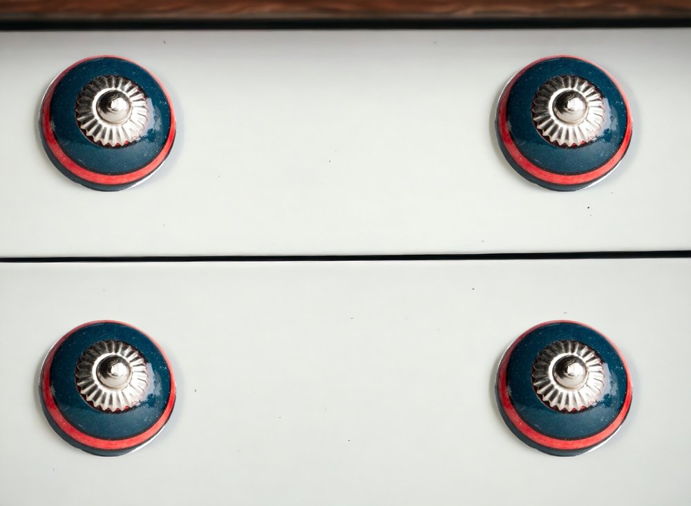 Set of Eight Navy Blue And Red Geometric Ceramic Drawer Pull Knobs