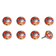 Set of Eight Orange And White Floral Ceramic Drawer Pull Knobs